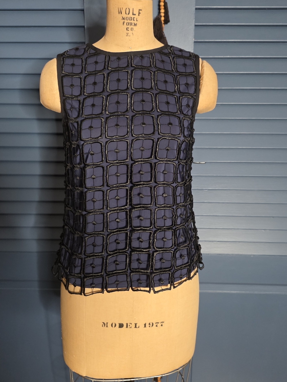 Tory Burch Edel Shell Navy Blue & Black Geometric Lace Overlay Blouse [Size 0]